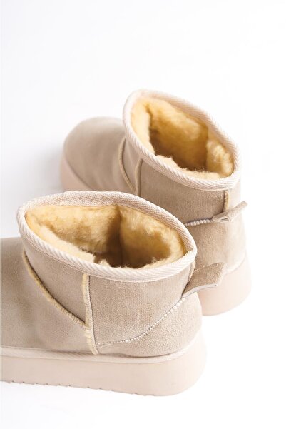 Preshley Μίνι μποτάκια Palermo Cream Suede - Με γούνα στο εσωτερικό, χοντρή σόλα (4,5 cm)