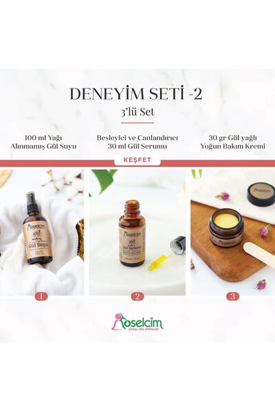 Roselcim Işıltı ve Yoğun Nem 3'lü Cilt Bakım Seti | Gül Serumu, Krem ve Saf G...