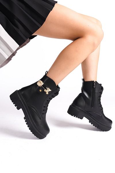Preshley Γυναικείες κοντές μπότες Eva Black Lace Up με φερμουάρ αρκουδάκι με πόρπη με χοντρή σόλα