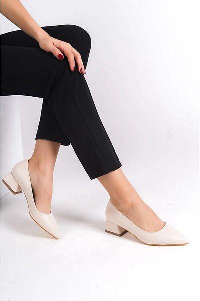 Preshley Pantofi de damă Mora Cream - Toc gros de 3,5 cm