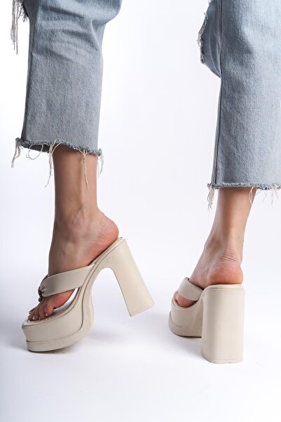 Preshley Women's Geyala Beige Flip Flops (12 cm) Platform Heeled Slippers