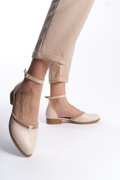 Preshley Women's Trey Cream Skin Stone Detailed Open Sides Ballerinas