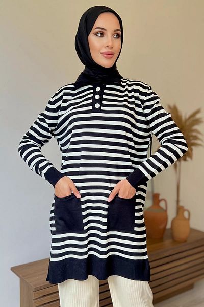 jldkids Half Buttoned Black Striped Women's Knitwear Tunic