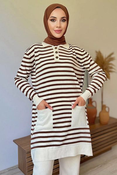 jldkids Women's Striped Cream Brown Knitwear Tunic - Half Buttoned