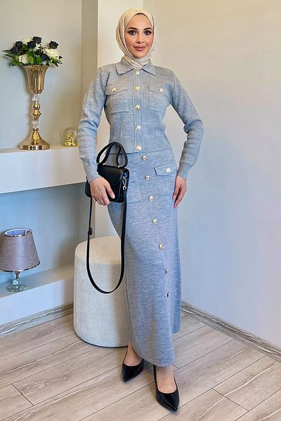jldkids Gray Knitwear Cardigan and Skirt - Button Detailed Hijab Set