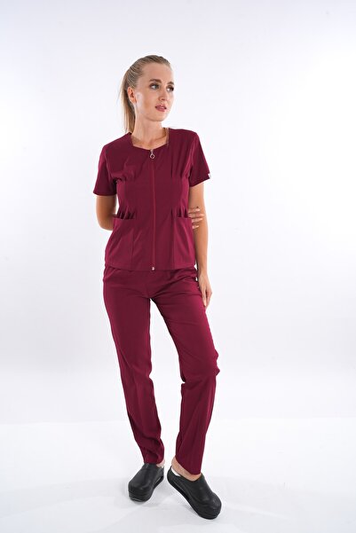 Nur Medikal Giyim Costum de uniformă chirurgicală pentru medic, asistentă, model Lily, culoare burgundy, cu fermoar, din lycra moale