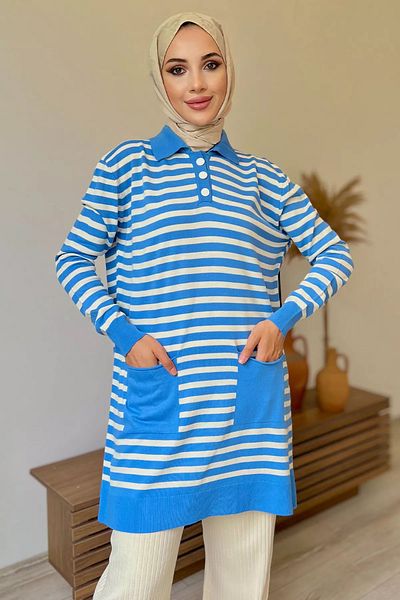 jldkids Blue Striped Half Buttoned Women's Knitwear Tunic