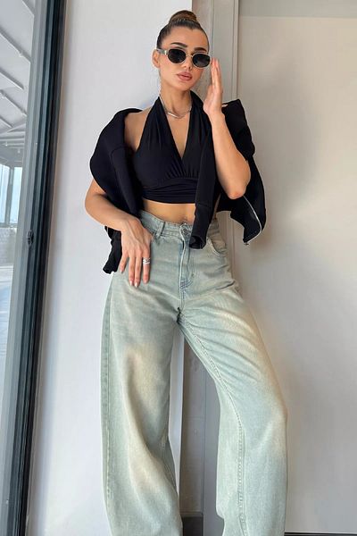 GÜLSELİ High Waist Belted Green Tint Women's Jean Jeans