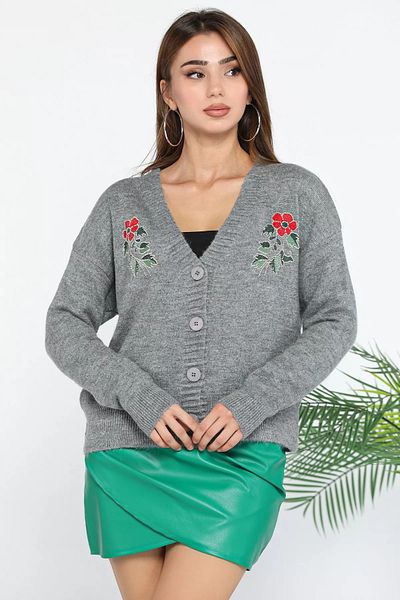 GÜLSELİ Gray Embroidered Women's Knitwear Cardigan - Stone Embroidered