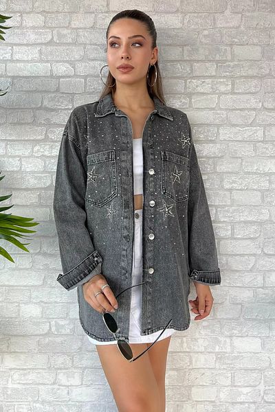 GÜLSELİ Stone Detailed Anthracite Denim Jean Jacket - Double Pocket