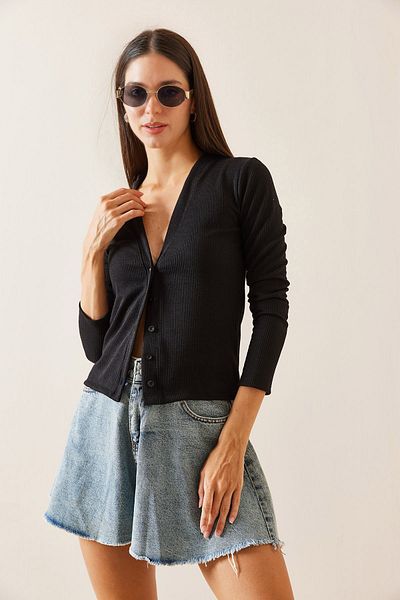 XHAN Black Corded & Buttoned Cardigan 5Yxk3-48927-02