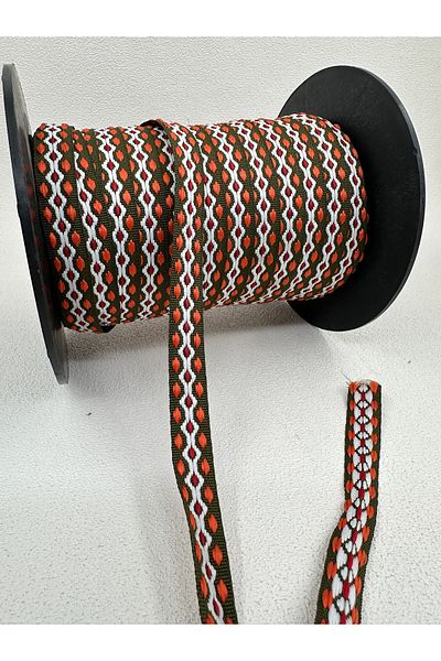 paşateks since 1995 şekil 5 Meters Khaki/Orange/White Ethnic Patterned Ribbon - 1.5 cm
