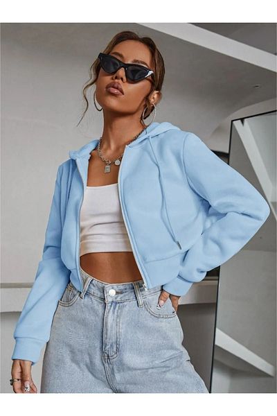 Fun Fashion Cardigan de damă, albastru, cu glugă, cu fermoar, supradimensionat, cu 3 fire, gros