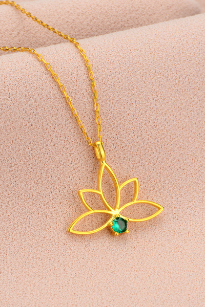 Bilsen Store 925 Ayar Gümüş Zincirli Altın Kaplama Yeşil Zümrüt Taşlı  Lotus ...