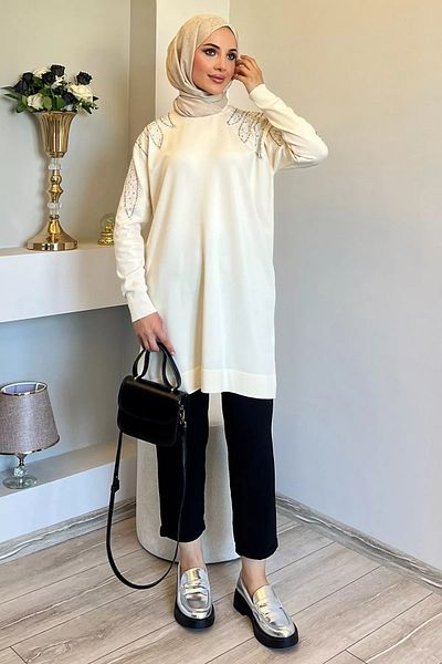 jldkids Πλεκτό Hijab Tunic - Κρέμα, Πέτρα στους ώμους