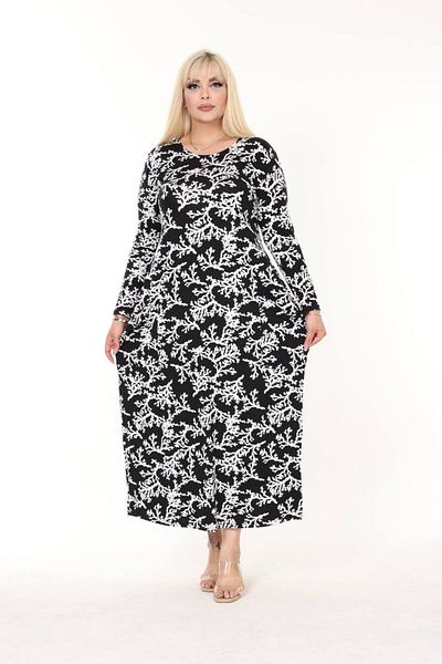 mami butik Plus Size Patterned Viscose Combed Cotton Dress - Long Sleeve, Maxi Length, Pocket in Hijab