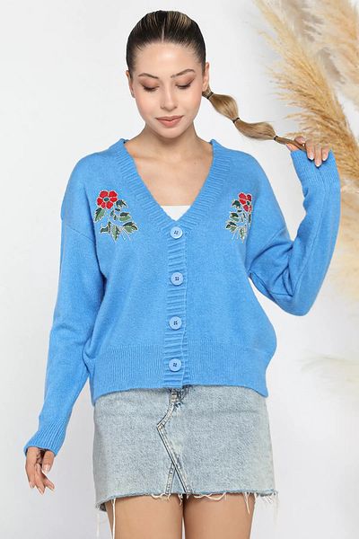 GÜLSELİ Cardigan de damă din tricotaj brodat albastru - brodat cu piatră