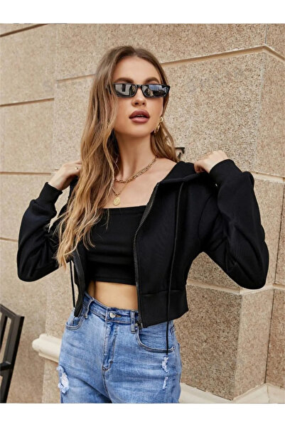 Fun Fashion Women's Black Hooded Zippered Oversize 3 Thread Raised Thick Crop Cardigan