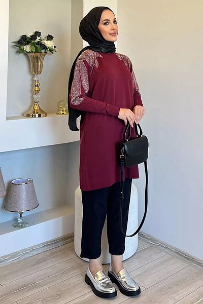 jldkids Hijab Knitwear Tunic - Claret Red, Shoulder Stoned