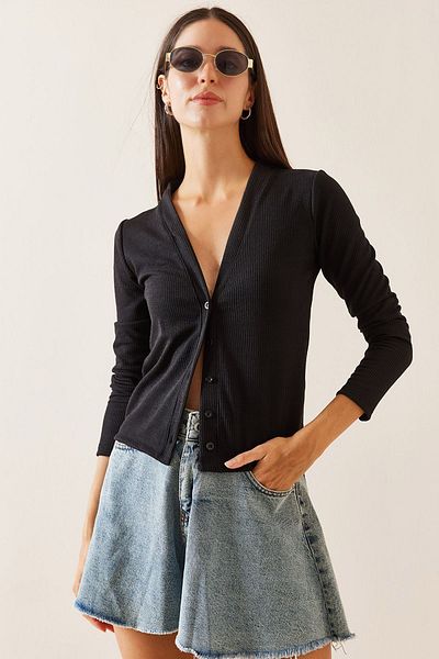 XHAN Black Corded & Buttoned Cardigan 5Yxk3-48927-02