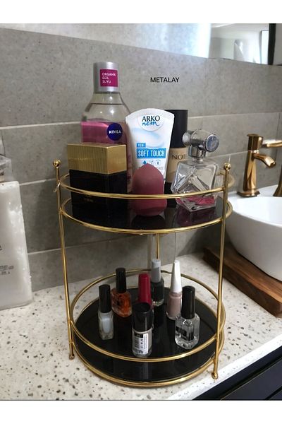METALAY Organizator de bijuterii cosmetice pentru baie Organizator multifuncțional Tavă de prezentare de servire cu 2 niveluri Aur
