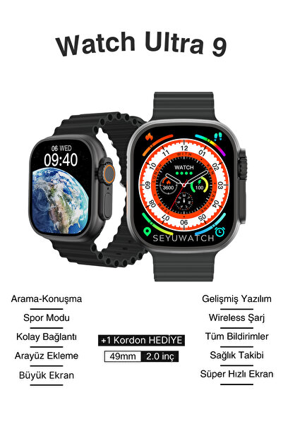 SEYUWATCH Watch Ultra 9 Akıllı Saat Tüm Akıllı Telefonlara Uyumlu Kordon Hedi...