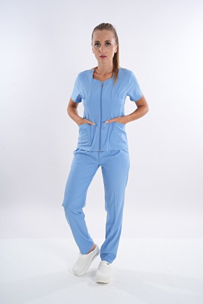 Nur Medikal Giyim Costum de uniformă chirurgicală pentru medic și asistentă din lycra moale, cu fermoar, model Lily, în culoare albastru bebeluș