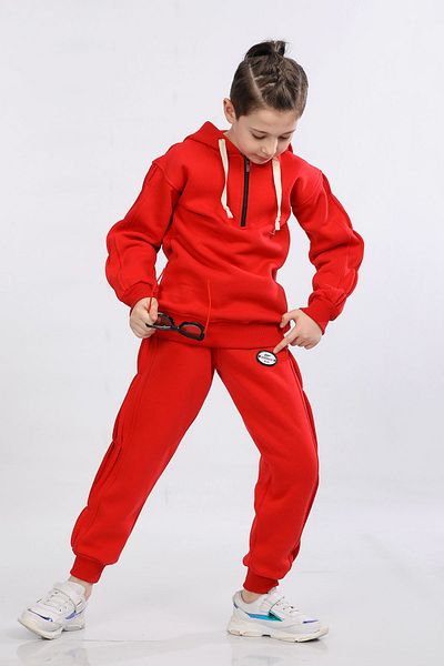 MORNIO Red Children's Tracksuit Set - Three Strings, Hooded, Winter Mrn51203