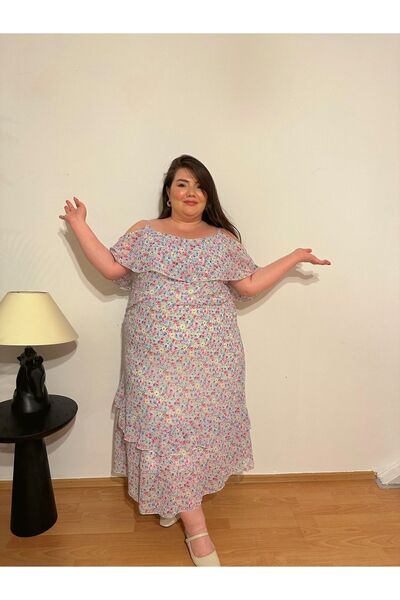 Kendinisevbutik Blue Chiffon Plus Size Floral Lined Dress