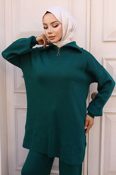 benguen Emerald Green Knitwear Set - 11017-10, Zipper Detailed Collar