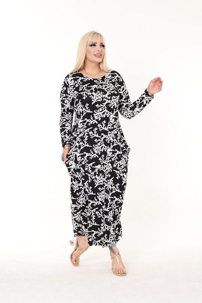 mami butik Plus Size Patterned Viscose Combed Cotton Dress - Long Sleeve, Maxi Length, Pocket in Hijab