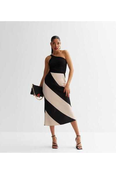 afeta Çizgili Saten Midi Boy Etek