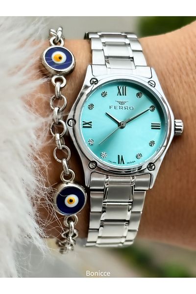 FERRO Brand Steel Cord, Silver Color, Small Case Women's Wrist Watch + Evil Eye Beaded Bracelet