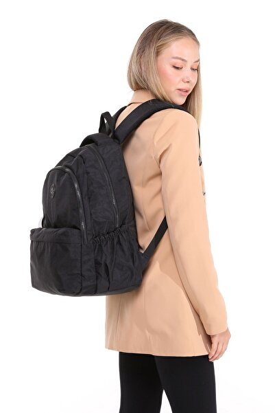 KISCHE Crinkle Waterproof Large School Black Backpack with Laptop Compartment