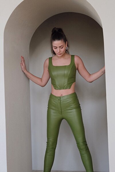 Vegan Deri Regular Fit Yesil Pantolon