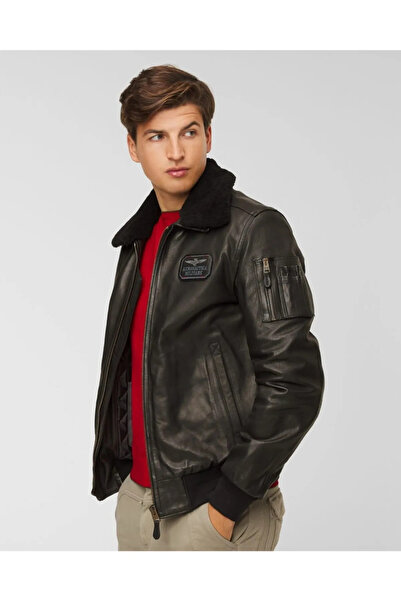 DIVALORE Siyah Pilot Yakası Kürklü Deri Mont