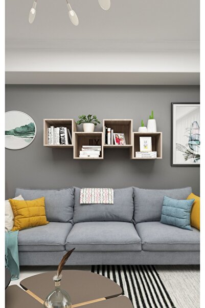 Dekormer Design Kitaplık Kare Duvar Rafı Salon 4 Lü Arkalıklı Mobilya Takım C...