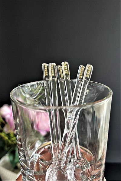 DECOSTYLE 6 Pieces Chain Stoned Glass Teaspoon - Length 11 Cm, Mouth 1.75 cm