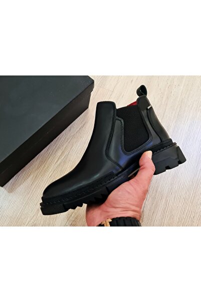 Özel Yapım Siyah  Deri Erkek Kalın Taban Kışlık Bot