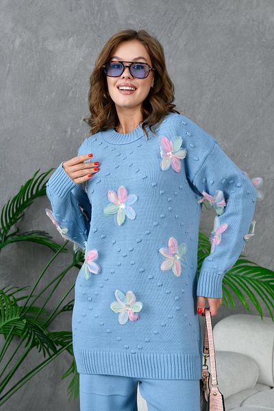 Miss Allos Tulle Floral Patterned Checkered Knitwear Sweater and Pants Set - Women