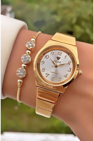 Fiesta Gold Colored Steel Cord Women's Wristwatch and Bracelet Gift