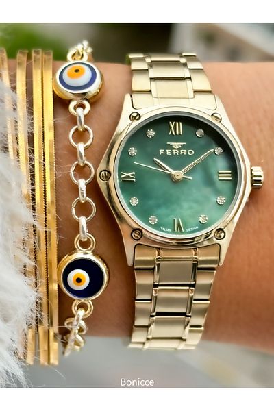 FERRO Brand Steel Cord, Yellow Color, Small Case Women's Wrist Watch + Evil Eye Beaded Bracelet