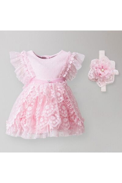 MİNİBORN طقم فستان موناليزا وردي بأكمام قصيرة للفتيات حديثي الولادة