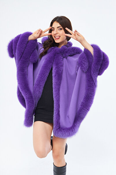 DIVALORE Kürk Detaylı Mor Kaşmir Panço