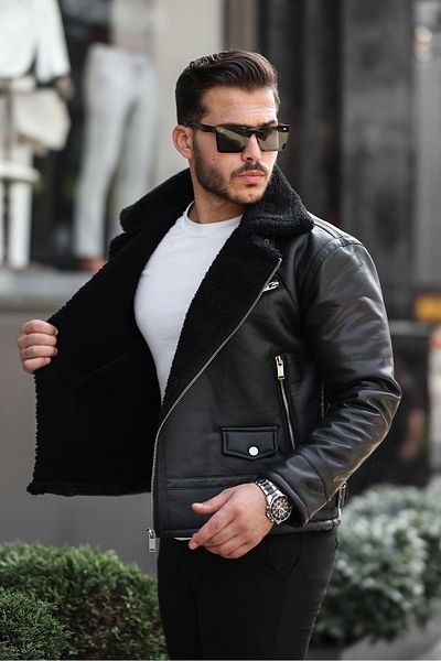 Mero Life High Quality Men's Black Slim Fit Napa Leather Coat with Cross Zipper and Full Fur