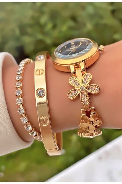Fiesta Gold Colored Steel Cord Women's Wristwatch and Bracelet Gift