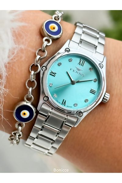 FERRO Brand Steel Cord, Silver Color, Small Case Women's Wrist Watch + Evil Eye Beaded Bracelet