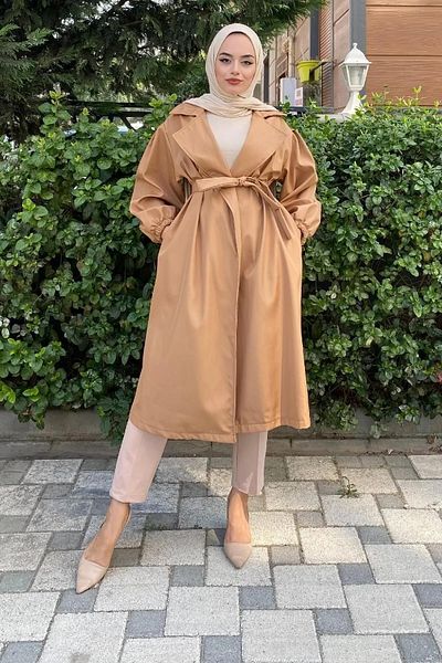 ensade Seasonal Woven Trench Coat with Balloon Sleeve and Belt