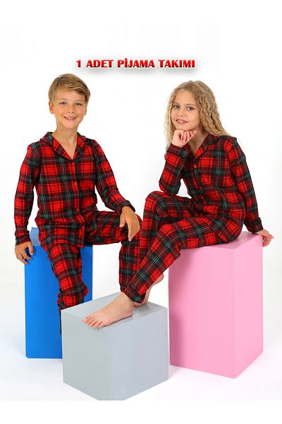 vitmo Girl / Boy's Long Sleeve Buttoned Cotton Plaid Pajamas Set