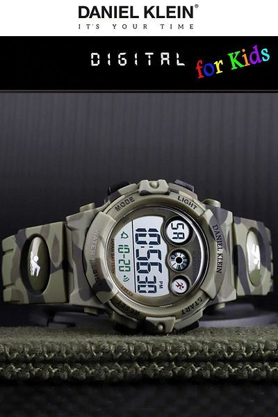 Daniel Klein Army Green Camouflage Children's Wristwatch with Alarm and Stopwatch, 4 Different Lights for Age 5-10